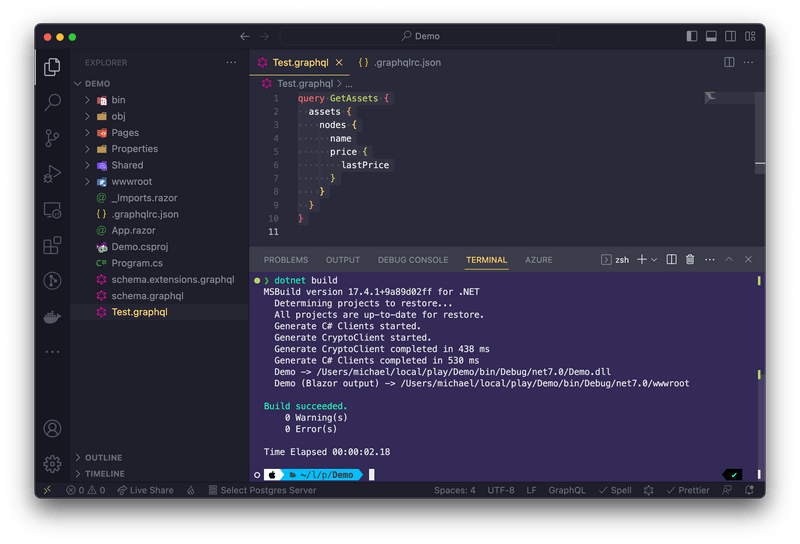 Visual Studio code showing the generator output on the console.